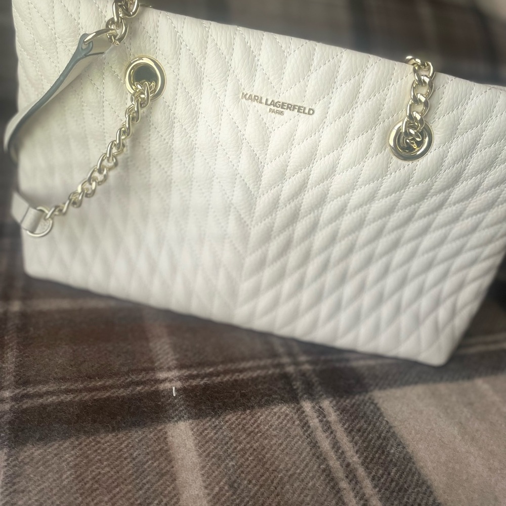 Karl Lagerfeld White Quilted Shoulder Bag with Gold Chain